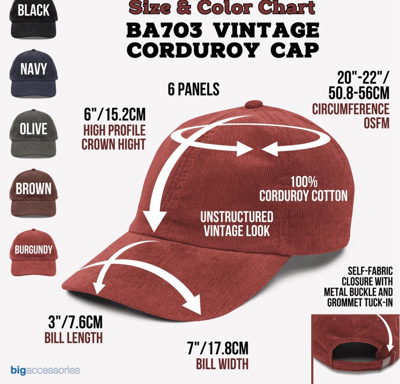 May include: A burgundy corduroy cap with a vintage look, featuring a 6-panel design. The cap has a 3-inch bill length, a 7-inch bill width, and a 6-inch high profile crown height. It is made of 100% corduroy cotton and has a self-fabric closure with a metal buckle.