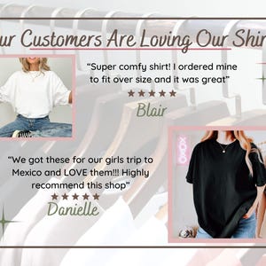 以下が含まれることがあります： 「Our Customers Are Loving Our Shirts」というタイトルのプロモーション画像。白と黒の無地Tシャツを着た人物の写真2枚と、ブレアとダニエルによる5つ星のカスタマーレビューが、ハンガーを背景に配置されています。