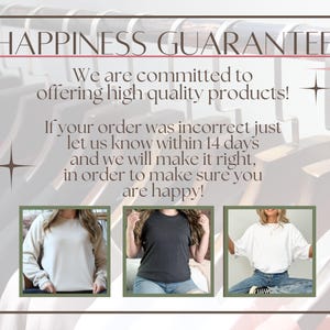 May include: Image with text "HAPPINESS GUARANTEE" and product photos. The text promises high-quality products and a 14-day return policy. The product photos show a cream sweatshirt, a dark gray t-shirt, and a white top.