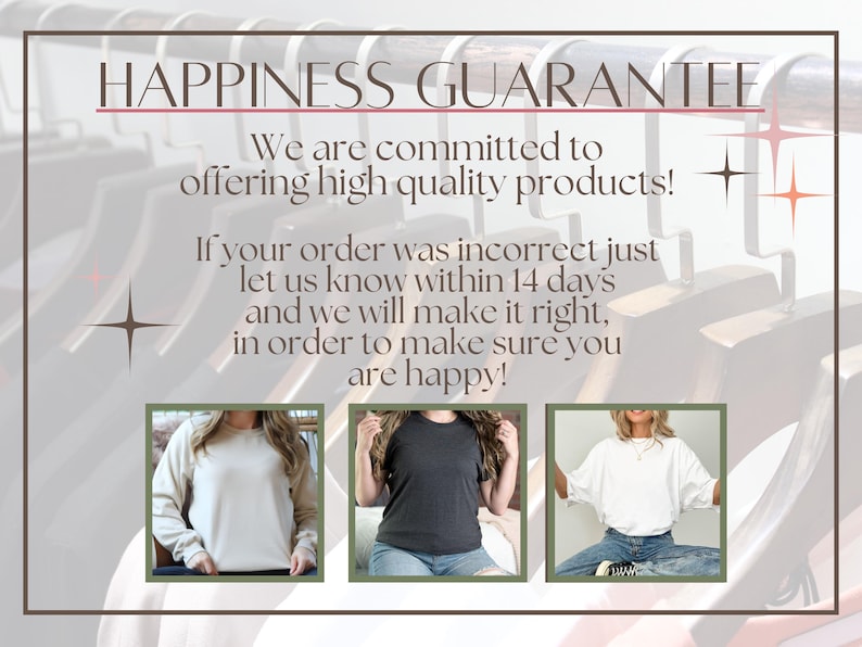 May include: Image with text "HAPPINESS GUARANTEE" and product photos. The text promises high-quality products and a 14-day return policy. The product photos show a cream sweatshirt, a dark gray t-shirt, and a white top.