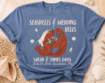Seashells & Wedding Bells, Wedding Tshirt Toss, Personalized Coastal Wedding Shirt, Beach Destination Wedding Tee, Lobster Wedding Shirt