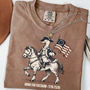 May include: Brown Comfort Colors t-shirt featuring a duck dressed as a revolutionary war figure riding a horse and holding a flag. The shirt has the text "HONK FOR FREEDOM - 1776-2026" at the bottom. A silver necklace and a hat are also visible.