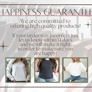 May include: An advertisement with the text "HAPPINESS GUARANTEE" and the promise of high-quality products. The text also states that if the order is incorrect, to let them know within 14 days. Three images of clothing are shown below the text.