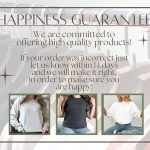 May include: Image with text "HAPPINESS GUARANTEE" and a guarantee of high-quality products. The text also states that if the order is incorrect, to contact them within 14 days. Three images of clothing are shown.