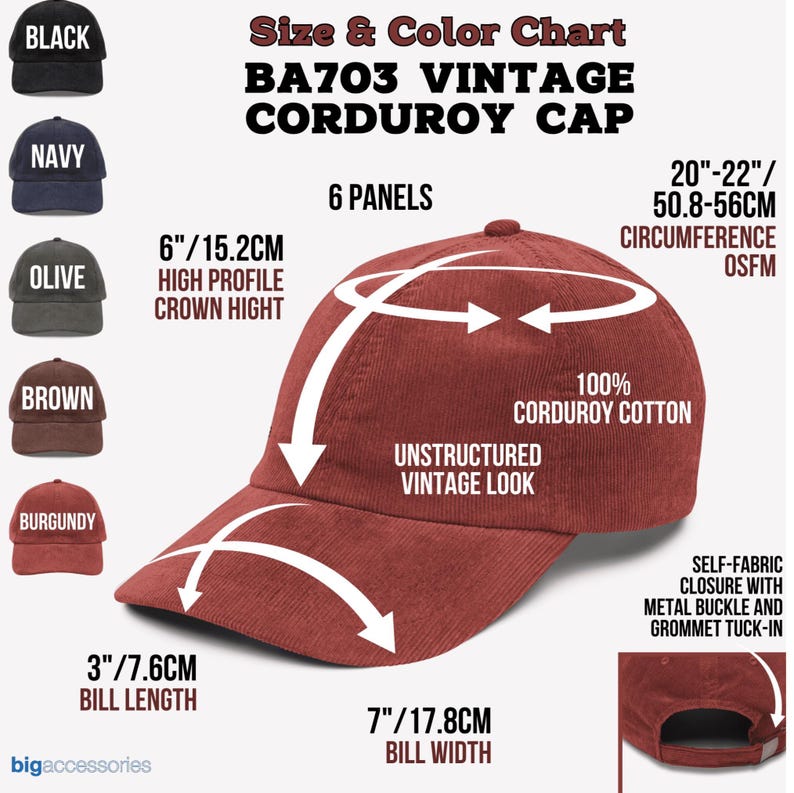 Puede incluir: Una gorra de b&eacute;isbol de pana roja con un dise&ntilde;o de 6 paneles. La gorra tiene una corona de perfil alto, un aspecto vintage sin estructura y un cierre de tela con hebilla de metal y cierre de ojal. La gorra tiene una circunferencia de 50,8 a 56 cm y una longitud de visera de 7,6 cm y una anchura de visera de 17,8 cm.