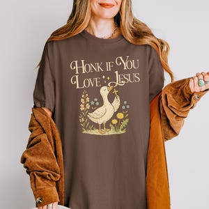 Puede incluir: Camiseta marr&oacute;n con el texto "Honk If You Love Jesus" sobre un pato de dibujos animados sosteniendo una cruz. El pato est&aacute; rodeado de flores. La camiseta es de color marr&oacute;n liso.