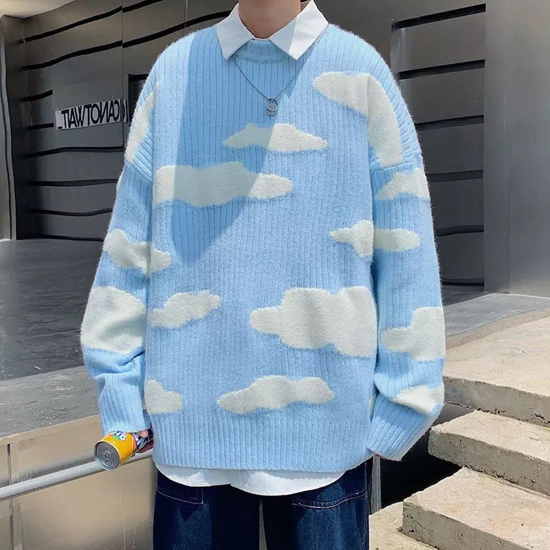 JIN Sky Blue Cute Cartoon Whale Sweater Long Sleeve Pullovers Winter Top  Loose 김석진 Same Knitwear Sweater Casual Outwear Fall New