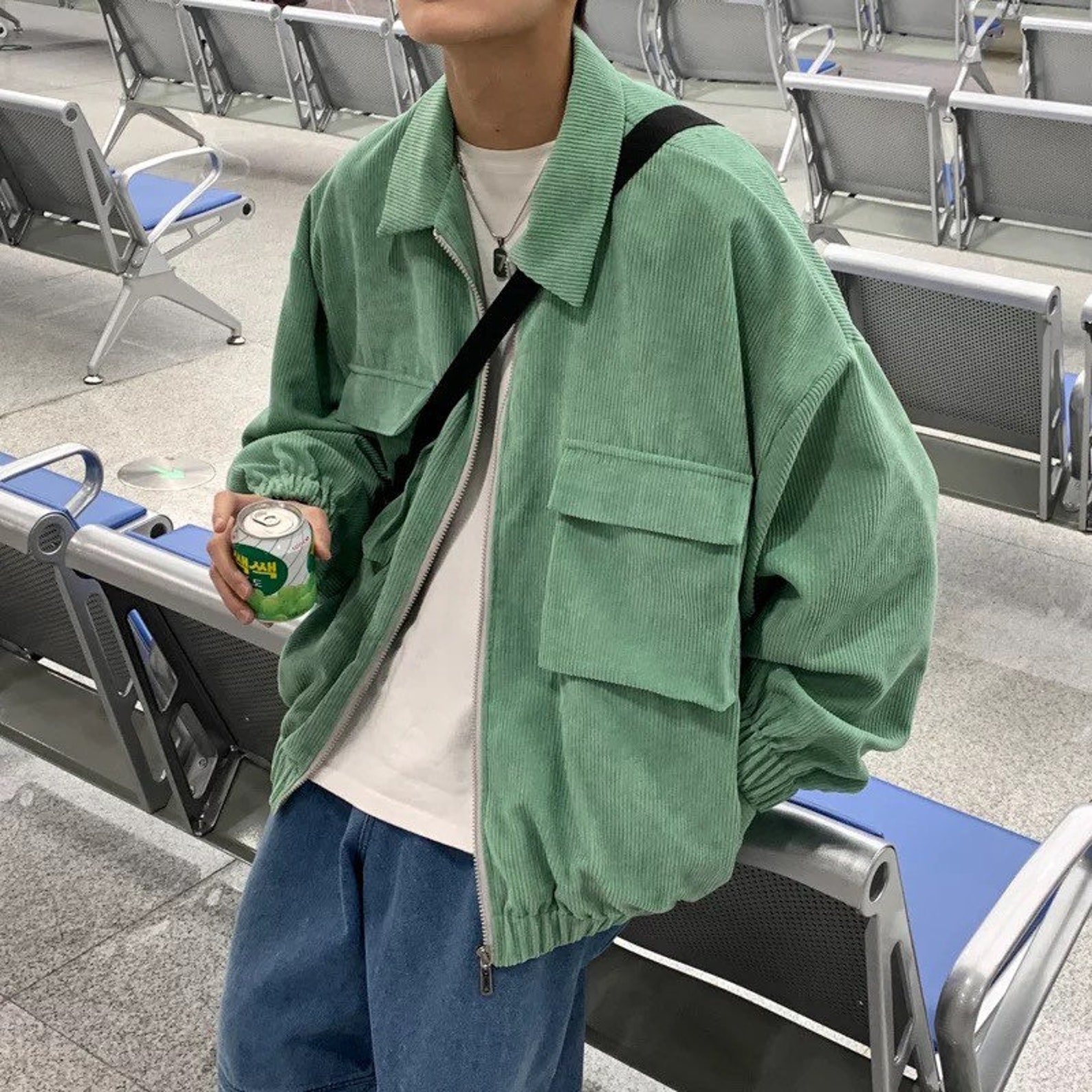 Green Gray Beige Corduroy Jacket Mens Fashion Retro Pocket Etsy