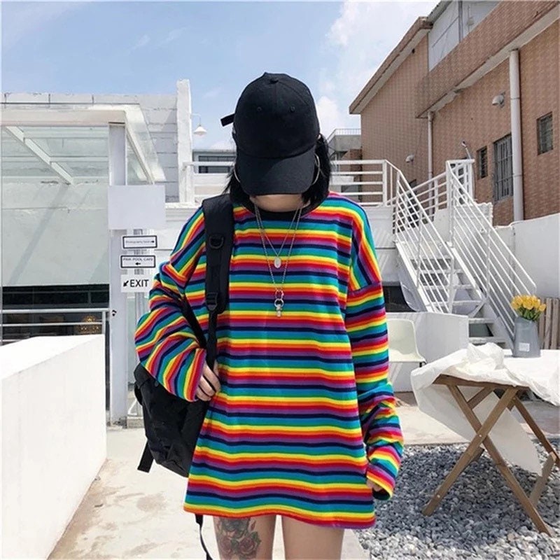 Rainbow Stripe T Shirt Hoodies Harajuku Female T-shirt Long - Etsy