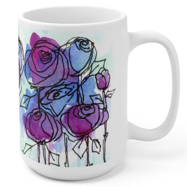 Abstract Roses Ceramic Coffee Mug Large 15oz Size - printed with original roses watercolor by Jane Talia