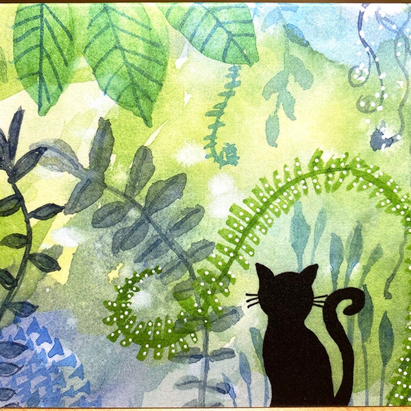 Cat IV - PRINTED folded card from original watercolor, Abstract Ferns and Cat IV, Blank Greeting Card, Birthday, Anniversary, Get Well Card