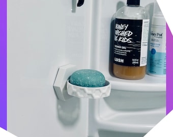 May include: A white soap dish with a teal soap bar inside. The soap dish is mounted on a white tiled wall. There are two bottles of body wash on the shelf above the soap dish. One bottle is clear with a brown liquid and says "Honey I Washed The Kids" and "Lush". The other bottle is white with a blue label and says "Honey Pot".