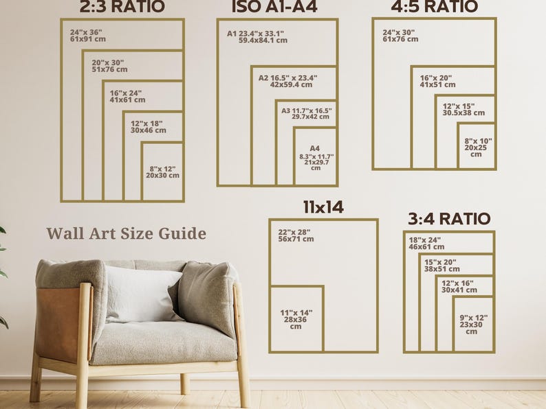 May include: A wall art size guide with different ratios and sizes in inches and centimeters. The guide includes 2:3, 4:5, 3:4, 11x14, and ISO A1-A4 ratios.