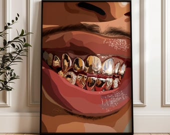 Puede incluir: Primer plano de la boca de una persona con dientes de oro. Los dientes son grandes y prominentes, y la persona sonríe.