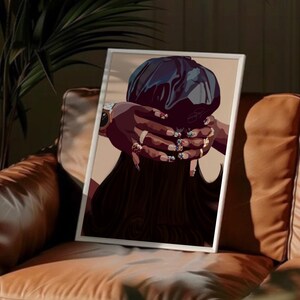 May include: A digital illustration of a person with long black hair wearing a black satin bonnet. The person's hands are visible, with manicured nails adorned with colorful jewels.