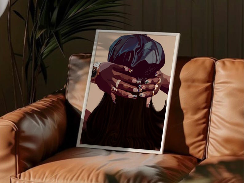 May include: A digital illustration of a person with long black hair wearing a black satin bonnet. The person's hands are visible, with manicured nails adorned with colorful jewels.