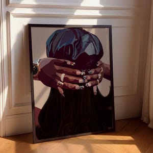 May include: A black and white digital illustration of a person with long black hair wearing a black satin hair bonnet. The person's hands are clasped together in front of their face, with several rings and long, decorated fingernails.