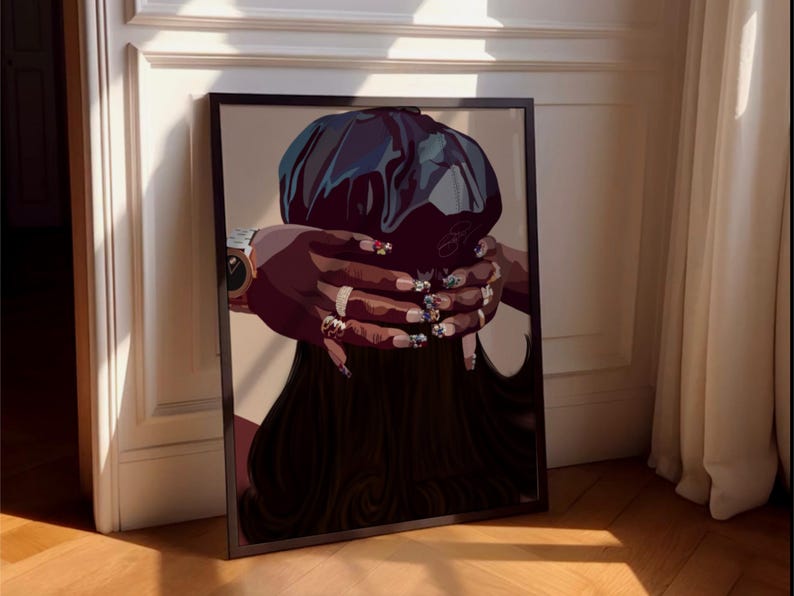 May include: A black and white digital illustration of a person with long black hair wearing a black satin hair bonnet. The person's hands are clasped together in front of their face, with several rings and long, decorated fingernails.