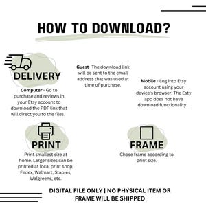 May include: A graphic with instructions on how to download a digital file. The graphic includes icons for delivery, printing, and framing. The text reads "How to Download?" and "Digital File Only | No Physical Item or Frame Will Be Shipped."