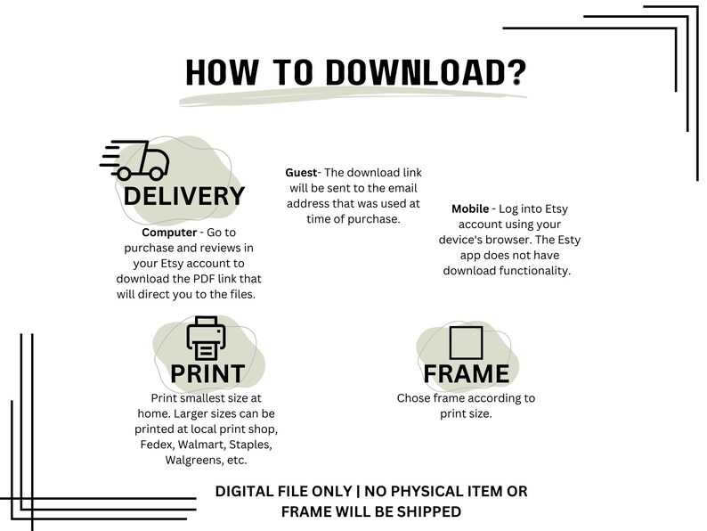 May include: A graphic with instructions on how to download a digital file. The graphic includes icons for delivery, printing, and framing. The text reads "How to Download?" and "Digital File Only | No Physical Item or Frame Will Be Shipped."