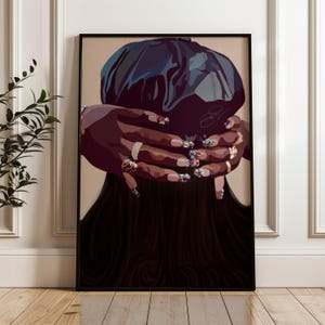 May include: A digital illustration of a person with long black hair wearing a black satin cap. The person's hands are in front of their face, and their nails are decorated with colorful jewels.