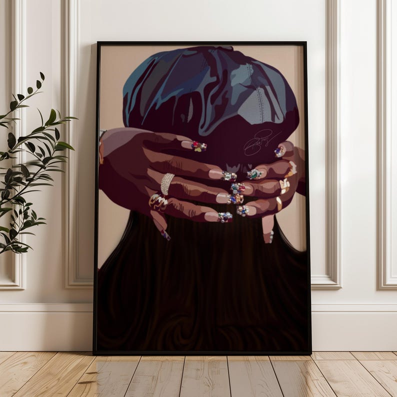 May include: A digital illustration of a person with long black hair wearing a black satin cap. The person's hands are in front of their face, and their nails are decorated with colorful jewels.