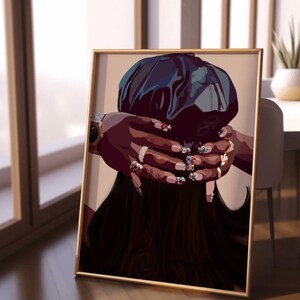 May include: A digital illustration of a person with long dark hair wearing a black beret and a gold watch. The person's hands are visible, with long, colorful, jeweled fingernails.