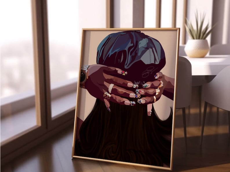 May include: A digital illustration of a person with long dark hair wearing a black beret and a gold watch. The person's hands are visible, with long, colorful, jeweled fingernails.