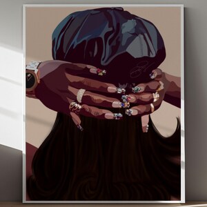 May include: A digital illustration of a person with long dark hair wearing a black beret and several rings on their fingers. Their nails are long and decorated with colorful jewels.