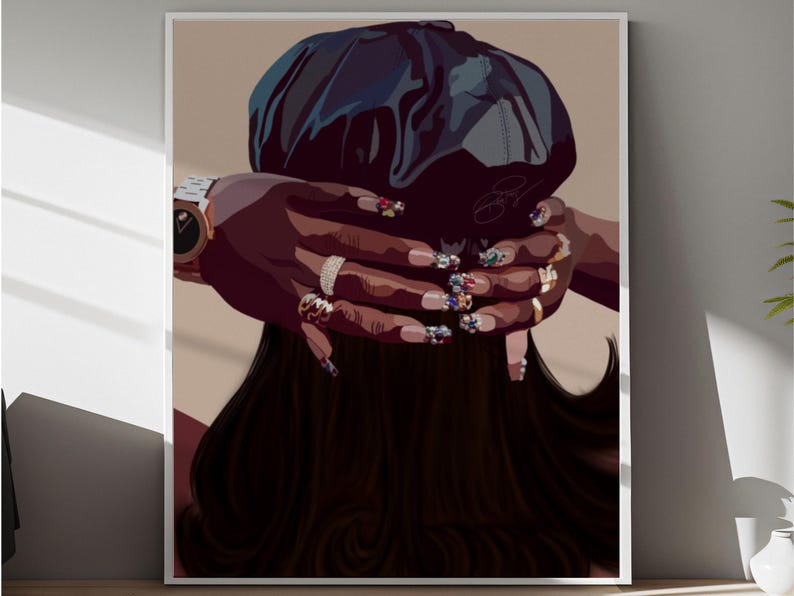 May include: A digital illustration of a person with long dark hair wearing a black beret and several rings on their fingers. Their nails are long and decorated with colorful jewels.