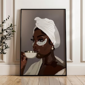 Black Woman in Robe Drinking Tea Digital Art | Relaxing & Cozy Wall Decor