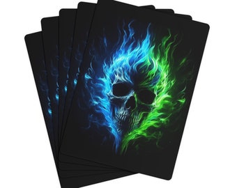 Blue & Green Firey Skull Poker Cards Games Friday Game Night, Perfect Present, one of a kind gift, change up game night, make a statement