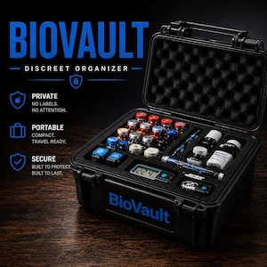 May include: A black BioVault hard-shell case with a foam-lined interior containing multiple small vials, two pens, a digital thermometer displaying 22.4, and an alcohol prep pad. The lid features egg-crate foam, and the exterior has a blue logo.