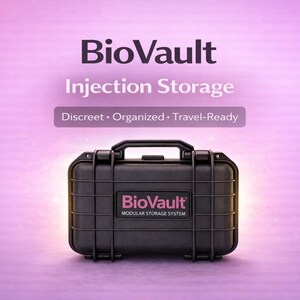 May include: Black BioVault injection storage case with a handle and the text "BioVault Injection Storage". The case is labeled "Discreet, Organized, Travel-Ready". The case is a modular storage system.