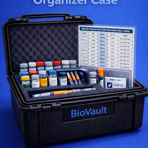 Puede incluir: Estuche organizador negro para suministros de inyección con el texto "Injection Supply Organizer Case" y "BioVault". El estuche está abierto, revelando viales, jeringas y una tabla. Sobre fondo azul.