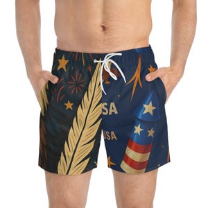 Patriotic Swim Trunks, USA Flag Design, Eagle Print Swim Shorts, Summer Beachwear, July 4th Swimwear