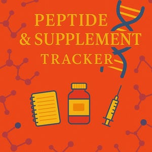 Könnte beinhalten: Ein roter Hintergrund mit einer gelben und blauen DNA-Doppelhelix, einem gelben Notizbuch, einer roten Flasche mit gelbem Etikett und einer Spritze. Der Text "PEPTIDE & SUPPLEMENT TRACKER" ist in gelben Buchstaben.