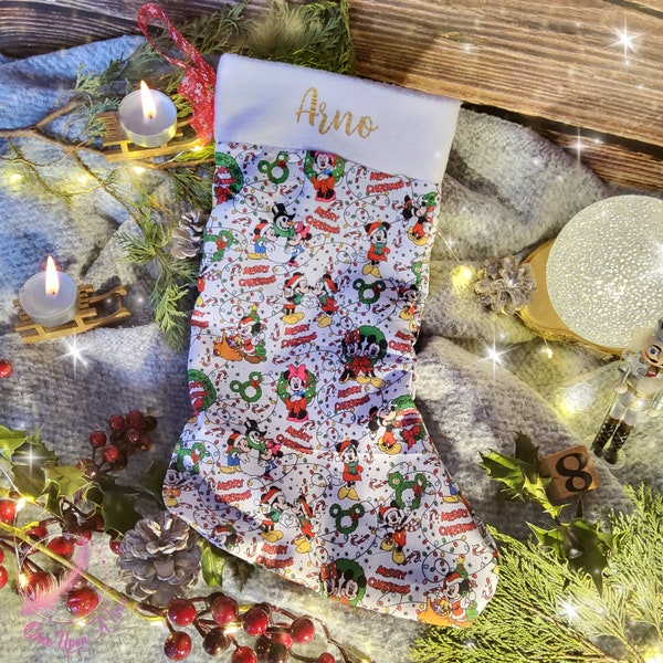 Chaussette de Noël personnalisée avec un prénom - Mickey et Minnie - Petit modèle