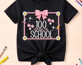 100 giorni di scuola PNG / Design per maglietta per bambini, fiocco rosa (download digitale)