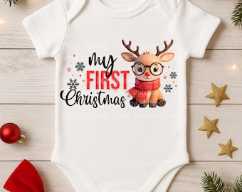 My First Christmas Baby Onesie • Reindeer With Glasses (PNG)