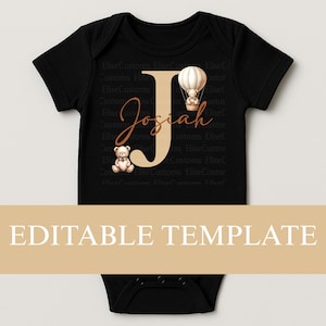Teddy Bear Hot Air Balloon Initial Letter Onesie Design (PNG Digital Download)