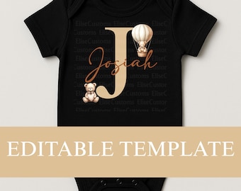 Teddy Bear Hot Air Balloon Initial Letter Onesie Design (PNG Digital Download)