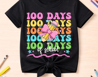 Koszulka z napisem „100 dni szkoły” w formacie PNG | Wzór retro tęczy (do pobrania cyfrowego)