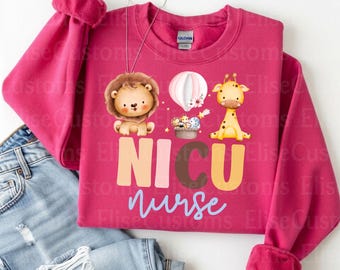 NICU Nurse Shirt PNG • Safari Baby Animals, Hot Air Balloon Design