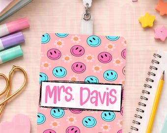 Personalized Smiley Face Teacher Badge Reel Insert | Custom Teacher Name Badge | Pink Daisy Smiley ID Badge | School Staff(Digital Download)