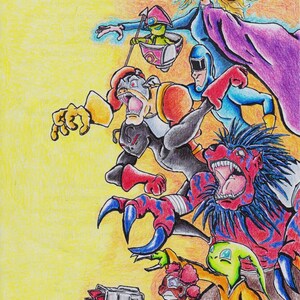 Desenho original de mídia mista feito à mão (Heroes Assemble!)