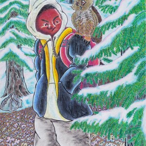 May include: A young person wearing a blue jacket and a white hooded sweatshirt with a brown owl perched on their shoulder. The person is standing in a snowy forest with tall evergreen trees.