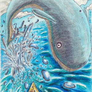 Dibujo original en técnica mixta hecho a mano (En el gran océano azul)