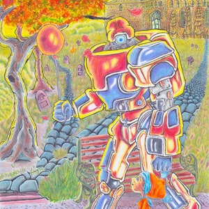 Dibujo original hecho a mano en técnica mixta (Niñera del pasado y del futuro)
