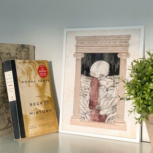 May include: A white framed print featuring a watercolour illustration of a waterfall cascading through a stone archway. The text "A MOI L'HISTOIRE D'UNE DE MES FOLIES" is at the top of the print. A book titled "The Secret History" by Donna Tartt is in the foreground.